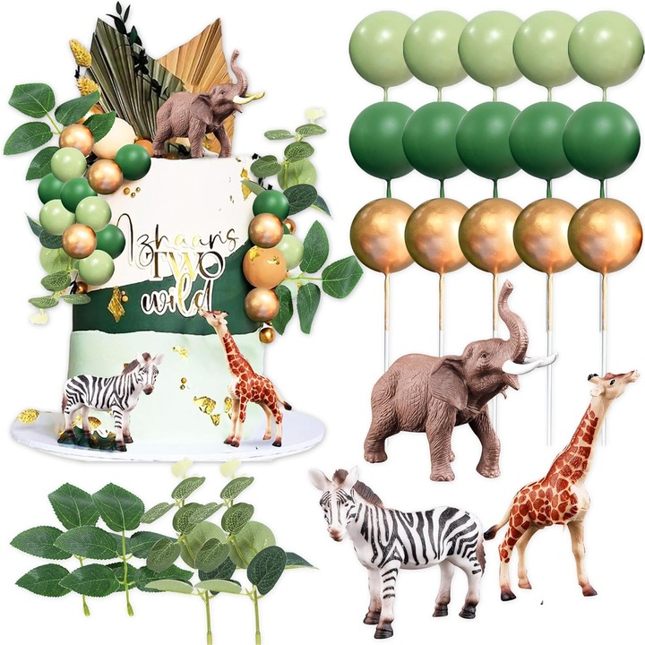 Set decoratiuni tort JeVenis Wild Safari, figurine animale elefant, girafa, zebra, 15 bile, 4 frunze verzi, verde/auriu, 22 piese