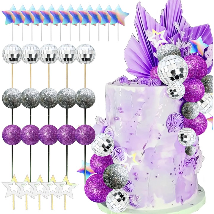 Set decoratiuni tort JeVenis Purple Disco Ball, tema disco 80s, bile disco glitter si stelute irizate, mov/argintiu, 32 piese