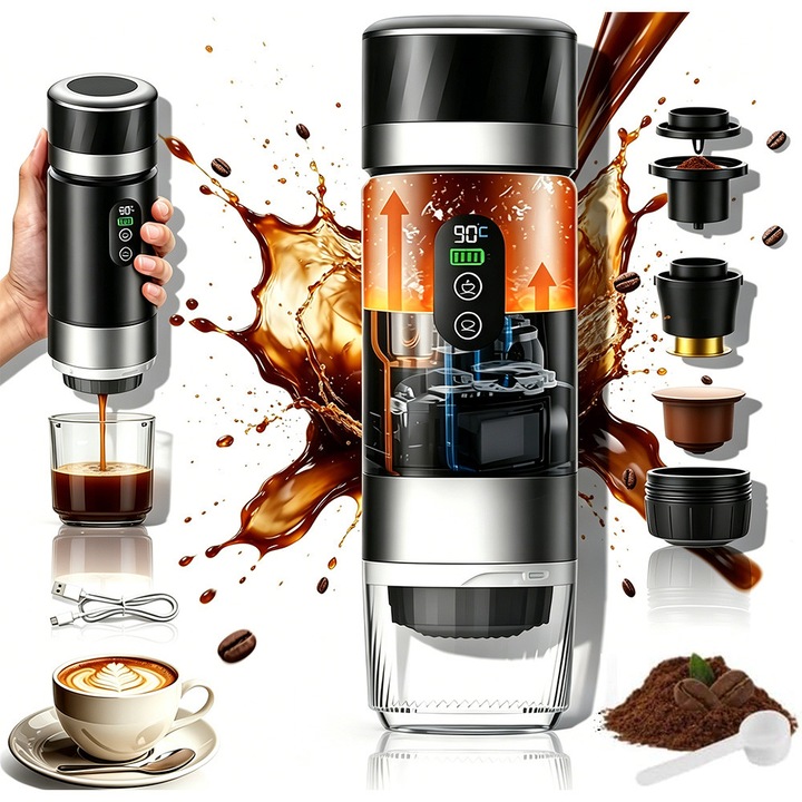 Espressor portabil 3 in 1, Bedee, incalzitor electric, aparat de cafea reincarcabil de 12V, compatibil cu capsule Nespresso si cafea macinata, Ideal pentru Calatorii, Camping sau Birou, Negru