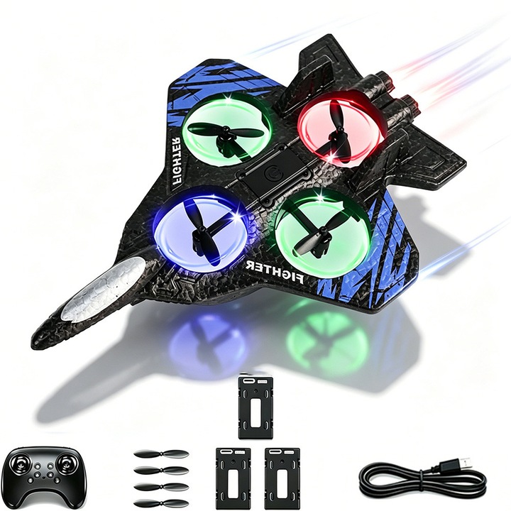 Avion telecomandat Bedee Fighter, din EVA, anti-soc, 4 motoare turbofan, 360° acrobatii si stabilizare altitudine, iluminare nocturna, Albastru/Negru, 23.7x17.2 cm, include 3 baterii 350mAh
