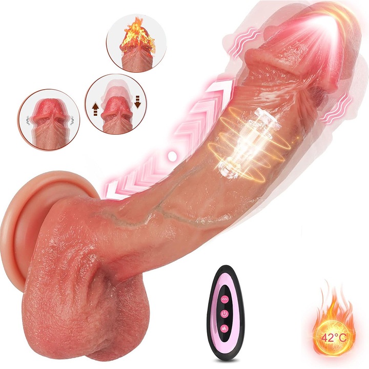 Dildo Ultra-Realistic, Bedee, Silicon, Trei viteze, sase frecvente,21.4 cm, Rotatie la 360°, incalzire 42°C, rezistent la apa, cu telecomanda si ventuza, De culoarea pielii
