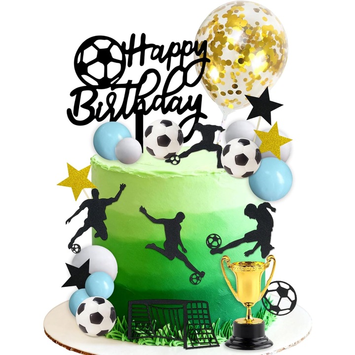 Set 28 decoratiuni tort JeVenis, cu topper Happy Birthday si ornamente tematice fotbal, trofeu si balon cu confetti, reutilizabil, Multicolor