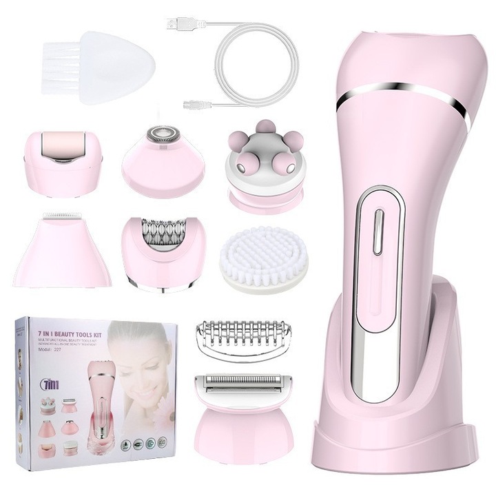 Електрическа самобръсначка за жени, 7 в 1, розова, USB, миеща се