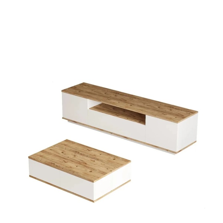 Re-Bloom - 2 részes nappali bútor szett, TV komód 180x44.5x44.6 cm + dohányzóasztal 90x60x28.6 cm, 18mm forgácslap, 1.8mm élzárás, atlanti fenyő/fehér