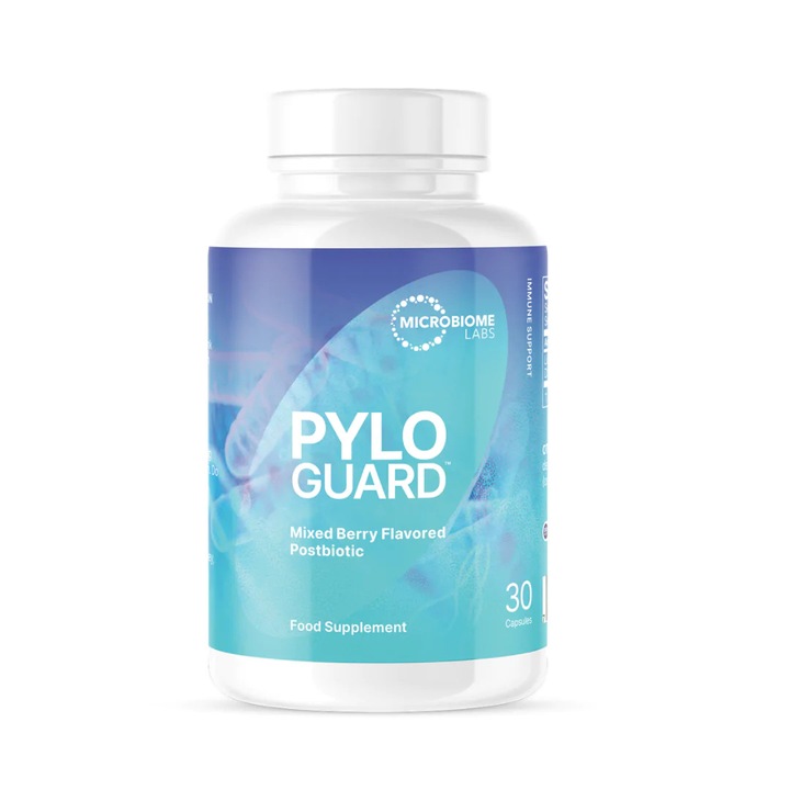 Supliment alimentar Microbiome Labs PYLO GUARD, postbiotic, cu aroma fructe de padure, plastic, alb/albastru, 30 capsule