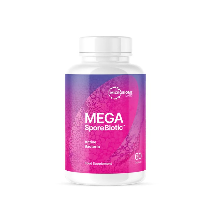 Probiotice Microbiome Labs MEGA SporeBiotic, supliment alimentar cu bacterii active, recipient plastic, alb/roz, 60 capsule