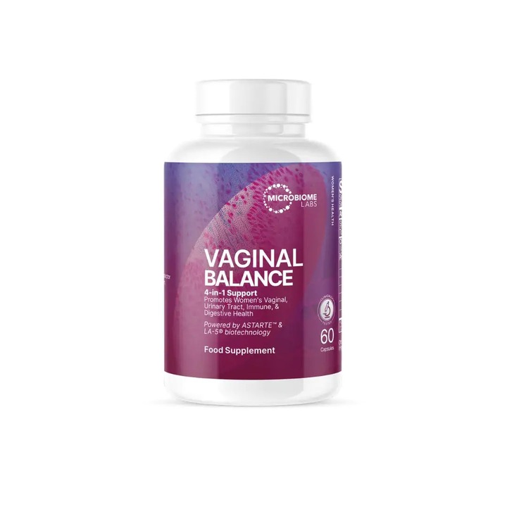 Étrend-kiegészítő Microbiome Labs Vaginal Balance, 4 az 1-ben a hüvely egészségéért, húgyúti rendszerért, immunitásért és emésztésért, Fehér/Lila, 60 kapszula