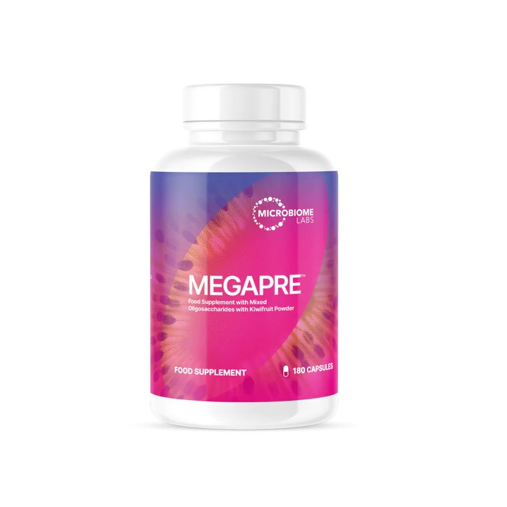 Supliment alimentar Microbiome Labs MEGAPRE, prebiotic cu oligozaharide mixte si pulbere de kiwi, plastic, 180 capsule, 75x75x140 mm