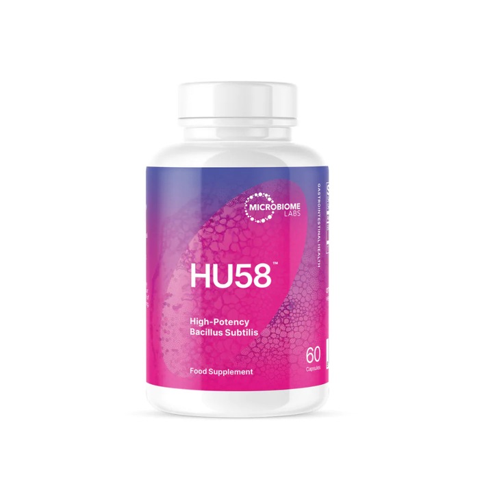 Probiotice Microbiome Labs HU58, Bacillus subtilis cu potenta ridicata, pentru sanatatea intestinala, alb/roz, 60 capsule