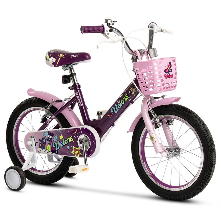 Bicicleta MTB ERBV1802A pentru copii cu roti de 18", Frane V-brake, Roti Ajutatoare, Cos, Aparatori, Jante Color Aluminiu, mov/roz, Velors Baby Kids Sport Bike Pony pentru varsta 5/7 ani - Intre 110-125 cm
