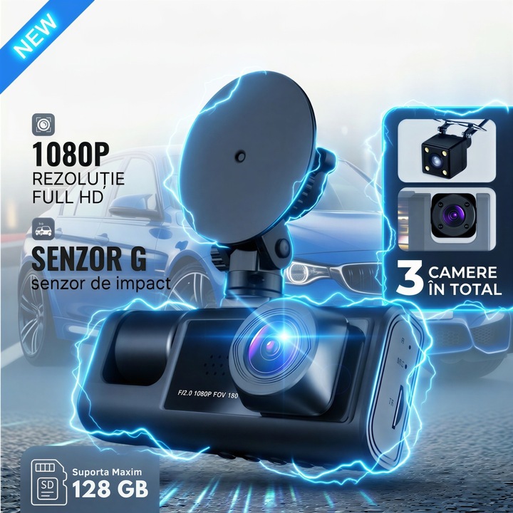 PRIMEDEO®️Trio 3 csatornás fedélzeti kamera, Full HD 1080P, 170°-os ultraszéles látószög, Éjjellátó, 2" HD kijelző, G-szenzor, Hurokfelvétel, Mozgásérzékelés, Háromirányú felvétel: elöl-belül-hátul, Fekete
