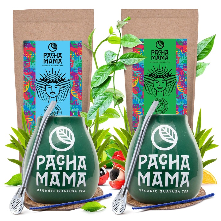 Szett Guayusa BIO Ajándék, Pachamama, 2x100g, Soul Mate 350ml Kerámia Bögre, Rozsdamentes Bombilla, Parafa Alátét És Tisztító Kefe, Természetes Energia Az Amazonasból, 102% Organikus
