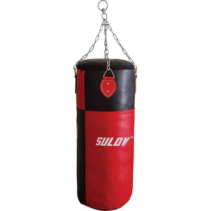 Sulov boxzsák, szintetikus bőrből, textil- és bőrmaradék töltettel, 4 pontos felfüggesztő lánccal, piros/fekete, 100x40 cm, 47 kg