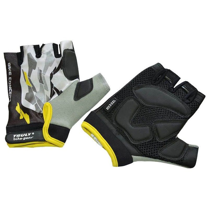 Rulyt®, Textil kerékpáros kesztyű géllel TRULY TOP NX3GEL, gél védelemmel a tenyéren és frottírral a hüvelykujjon, Quick Undress rendszer, Sárga/Fekete, L