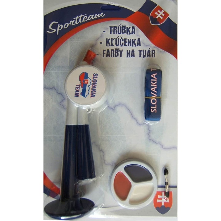 SportTeam®, Szurkolói szett műanyagból és textilből, trombitával, kulcstartóval és arcfestékkel, SR, Fehér/Kék/Piros