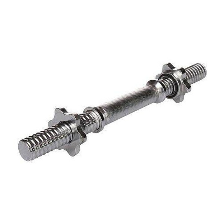 Bara pentru gantere Merco 30 mm, cu filet pentru discuri, cu 2 cleme stea, crom, 38 cm