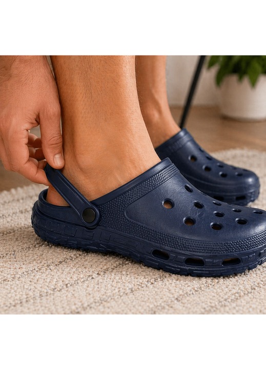 Saboti Barbati ANTBRO® Tip Crocs Albastru inchis, Talpa Antiderapanta, Usori si Confortabili, Curea Reglabila, Aerisire, Papuci pentru Casa, Gradina, Piscina si Plaja, EVA Premium, Albastru