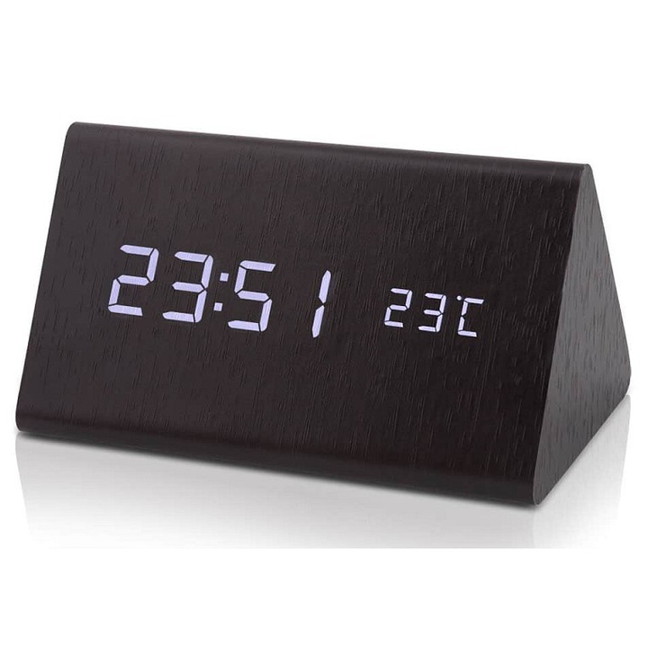 Ceas desteptator digital Platinium LED lemn alb 12x7x4cm