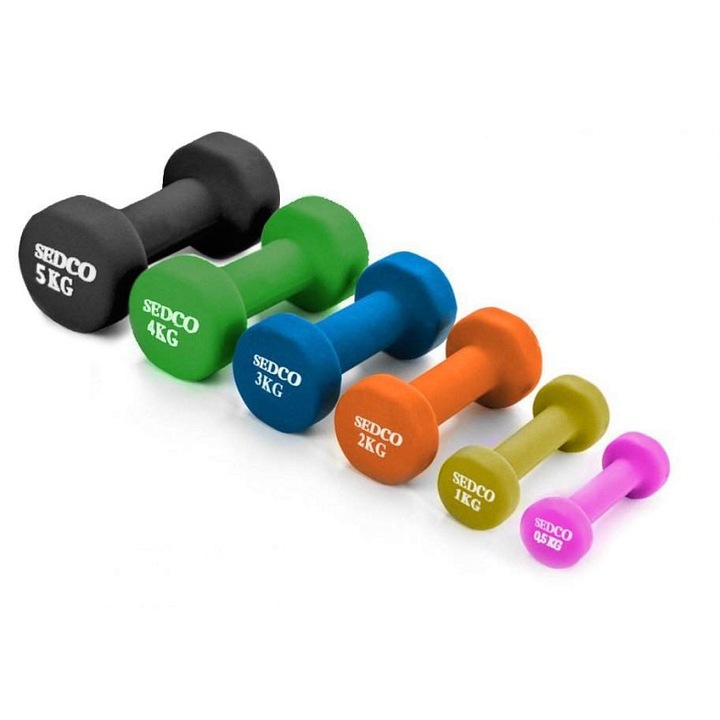Sedco, gantera din neopren cu suprafata antiderapanta pentru fitness, design colorat, multicolor, 0,5-5 kg
