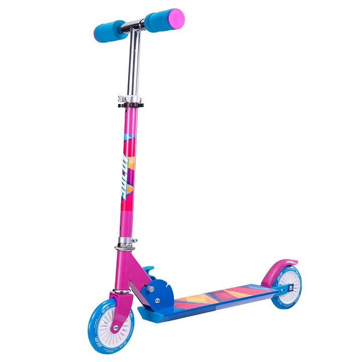 Sulov PHOENIX roller, összecsukható, könnyű 50% alumínium váz, 120 mm-es kerekek ABEC 5 csapágyakkal, hátsó fék, csúszásmentes felület 37x9,4 cm, rózsaszín/kék