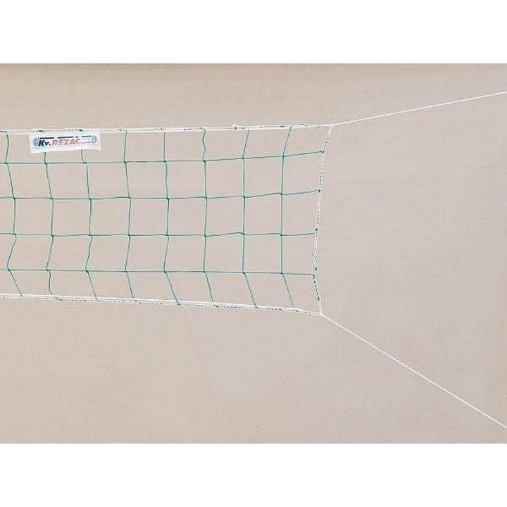 Röplabda háló / fileu KV Rezac iskolák számára, 2 mm-es polipropilén csomózott háló, 10 cm-es lyukméret, szalag nélkül, 12,5 m-es PA zsinórral, zöld, 9,5 x 0,5 m