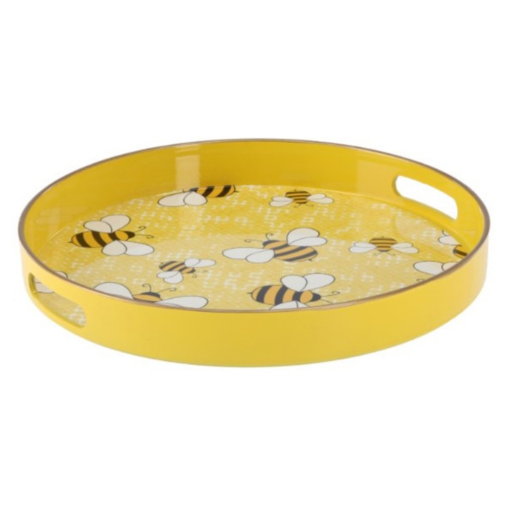 Tavă rotundă cu albinuțe și mânere 33×33 cm – cu model galben ramiz