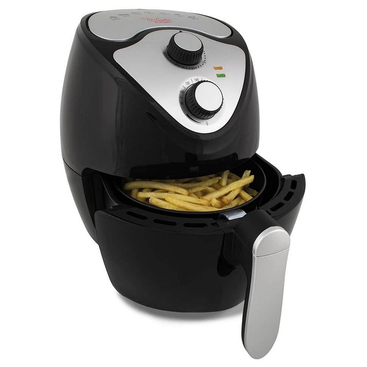 De Gusto AF105 forrólevegős fritőz (air fryer), kivehető tapadásmentes kosár, állítható termosztát 80-200 °C és időzítő 1-30 perc, fekete/ezüst, 2,6 l