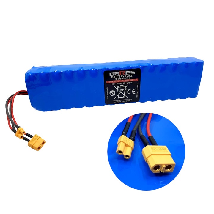 Baterie, Gares, 36V, 10.5Ah, pentru trotinete electrice, mufe XT60, XT30, usoara, durabila, fiabila, flexibila, capacitate mare, inlocuire complet noua, material: Li-ion, dimensiuni: 33.5cm x 6.5-7cm x 4cm, protectie la supraincarcare, senzor