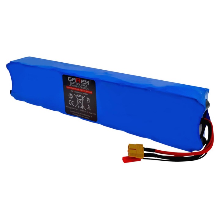 Baterie, Gares, 36V, 10500mAh, pentru trotinete electrice, cu mufe XT60 si JST/SYP, Li-Ion, Protectie la supraincalzire, Protectie la supraincarcare, Fara efect de memorie, Dimensiuni: 323mm x 45mm, Greutate: 1.637kg, Siguranta si durabilitate ani de
