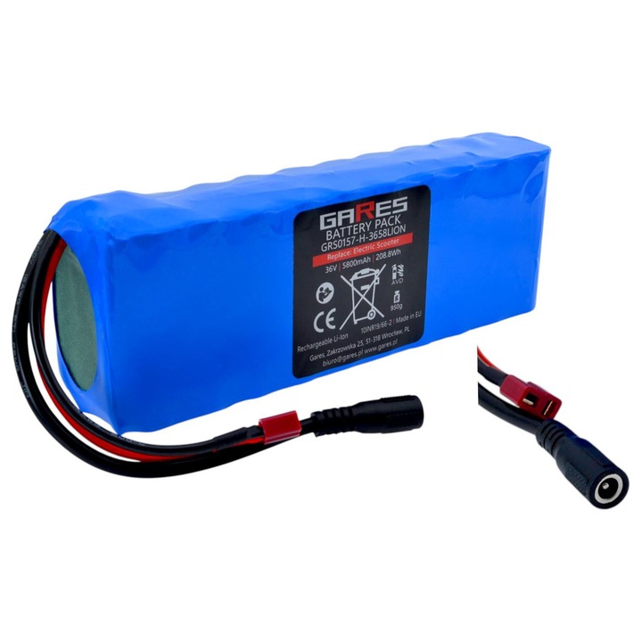 Baterie, Gares, 36V, 5800mAh, pentru trotinete electrice, conector T-Dean DC 2.5, tehnologie Li-Ion, protectie la supraincalzire, protectie la supraincarcare, fara efect de memorie, sistem inteligent BMS, dimensiuni 19.5 x 3.7 x 6.6 cm, greutate 1.010