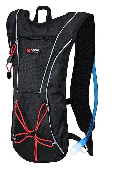 Lifefit, Tartós anyagból készült hátizsák 1,5 l-es hidratáló tartállyal, hidratáló csővel, ergonomikus, több zsebbel és fényvisszaverő elemekkel, fekete, 20 x 40 cm