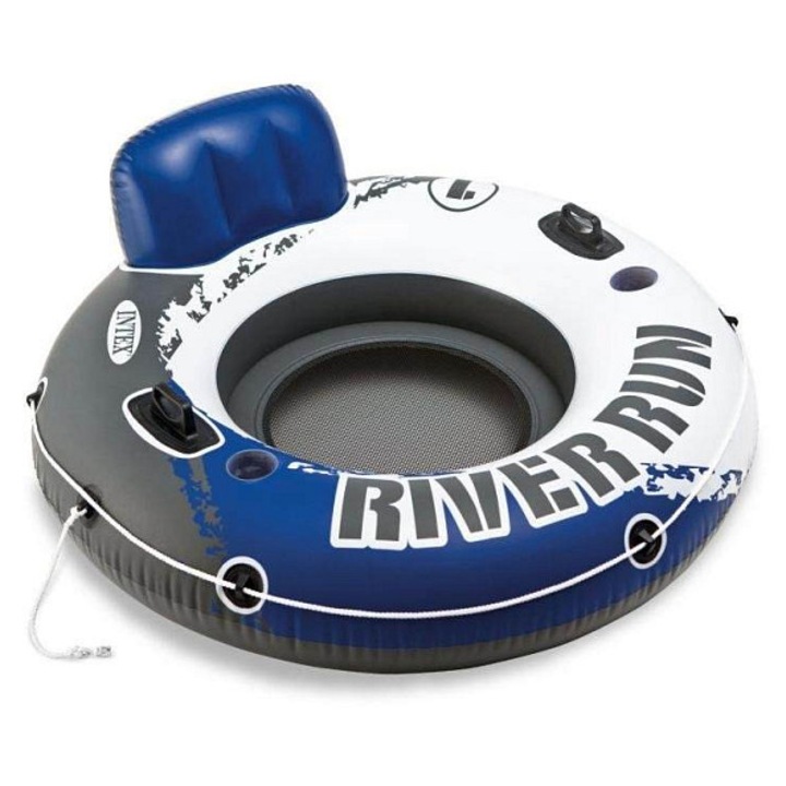Intex River Run úszógumi, háttámlával és fogantyúkkal, két légkamrával és két italtartóval, vinilből, fehér/kék, 135 cm, teherbírás 80 kg