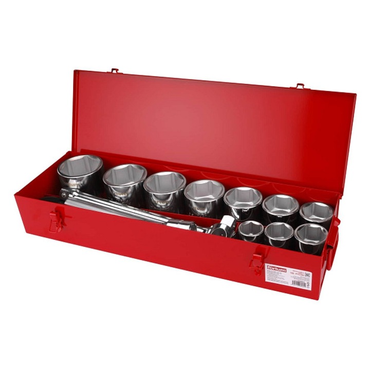 Set capete tubulare Fortum Industrial 1", din otel 61CrV5, racheta cu 48 de dinti, maner prelungit, cutie metalica rosie, 15 piese