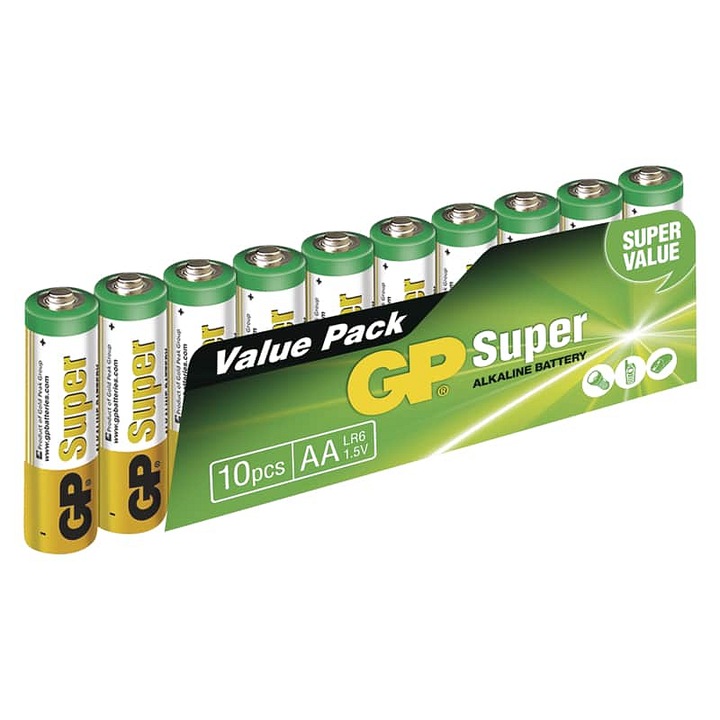Baterie alcalina GP Batteries Super LR6 (AA) 1,5V, nereincarcabila, durata de stocare 10 ani, Multicolor, 10 buc