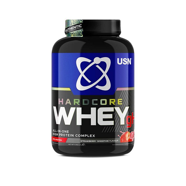 Pudra proteica USN Hardcore Whey gH 81% proteine, cu creatina, fara gluten, capsuni, 2 000 g