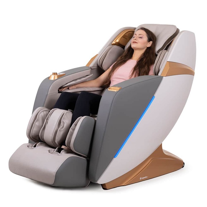 Fotoliu de masaj Insportline Numana, cu ionizator, 8 programe preset, 5 viteze, 40 airbag-uri, 3 trepte incalzire spate (40-50°C), Zero Gravity si Zero Space, Bluetooth, USB, lungime masaj 135 cm, maro deschis