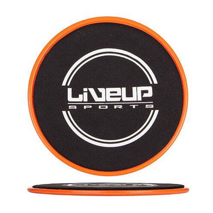 Discuri glisante LiveUp Gliding Disc, pentru maini si picioare, suprafata dubla (neteda/textila), negru/oranj, 180 mm, 9 mm
