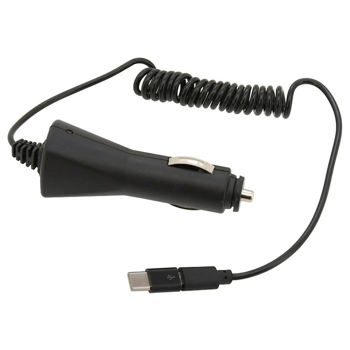 Compass autós töltő, 12-24V automatikus választással, Micro USB csatlakozó levehető USB-C adapterrel, 800 mA, 130 cm kábel, fekete, 1 db