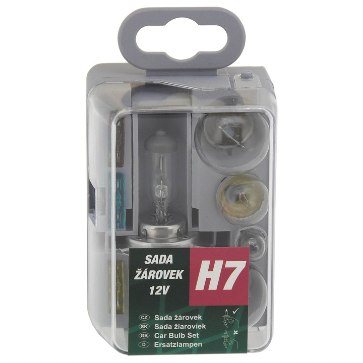 Autóizzókészlet Compass H7, univerzális, 12V, műanyag doboz, tartalma H7 55W PX26d, P21W, P21/5W, R5W, W5W, biztosítékok 7.5A/15A/20A, átlátszó