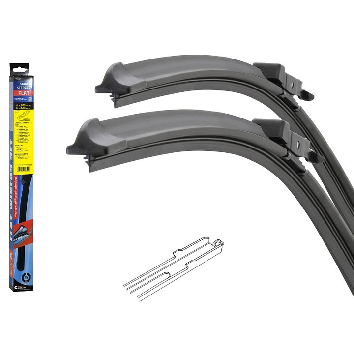 Set stergatoare parbriz Compass FLAT (SLOT), profil plat, prindere SLOT, lama grafitata pentru stergere uniforma, Negru, 550+530 mm, 2 buc