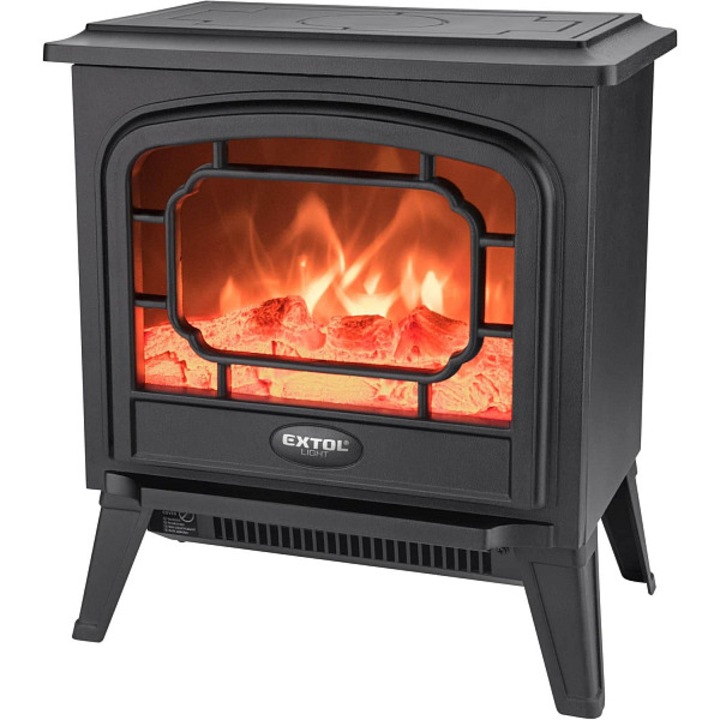 Semineu electric Extol Light, cu efect de flacara LED independent si incalzire 1800W, termostat reglabil, protectie la supraincalzire, Negru, 1 buc