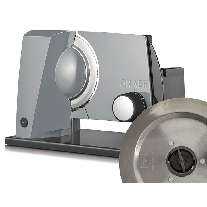 GRAEF SKS 11020 elektromos szeletelő, rozsdamentes acél fogazott tárcsa O170 mm, Eco Power Motion motor 45W (max 170W), szeletelési vastagság 0-20 mm, szürke