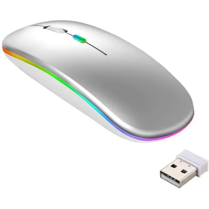 Mouse wireless k0367-0806-HS8220, Bluetooth 5.1 + 2.4 GHz, reincarcabil, 3 nivele DPI (800/1200/1600), silentios, iluminare RGB, argintiu