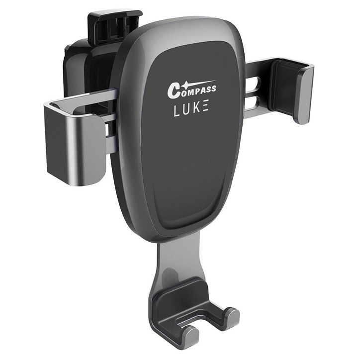 Compass LUKE-A autós telefontartó, univerzális okostelefon tartó gravitációs rögzítőrendszerrel, szellőzőrácsra szerelhető, állítható csuklóval és rögzítőgyűrűvel, sötétszürke, 65-95 mm