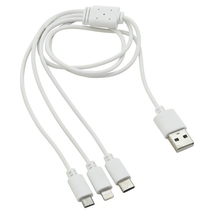 Cablu USB 3in1 Compass, compatibil microUSB/USB-C/Lightning, incarcare 5V pana la 2100mA, 75 cm, Alb
