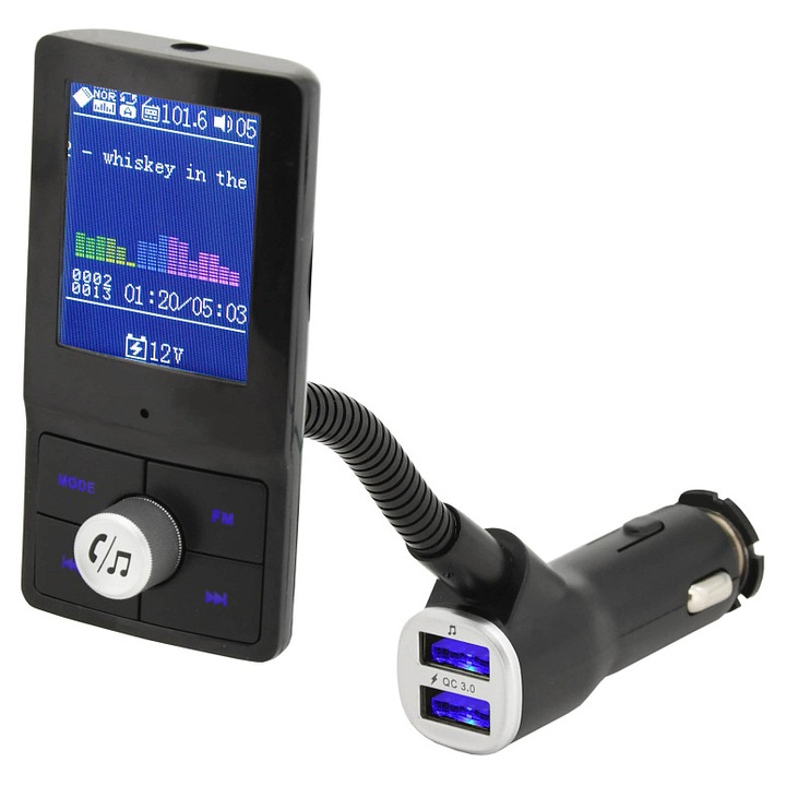 FM adó Compass LCD színes, kihangosító Bluetooth 4.2 mikrofonnal, USB töltő 5V 3.1A/1A (QC 3.0 dual), kompatibilis 12/24V, Fekete