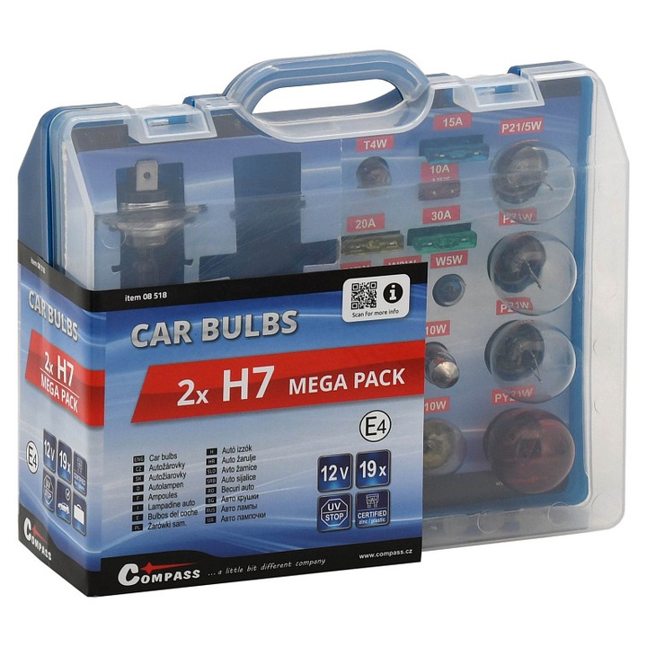 Set becuri auto Compass Mega Pack, cu 2x H7 12V 55W PX26d, becuri 12V diverse (P21W, PY21W, T4W etc.) si sigurante 10/15/20/30A, Multicolor, 19 piese