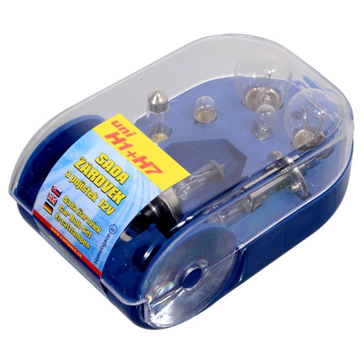 Compass autós izzókészlet, univerzális H7/H1, 12V, műanyag dobozban, tartalmaz H1 55W, H7 55W, P21W, P21/5W, W5W, T4W, C5W izzókat és 3 biztosítékot, kék/átlátszó, 1 készlet