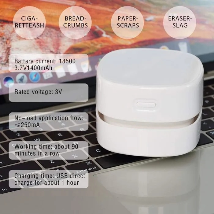 Aspirator portabil mini USB, alb, 8x8x6.5cm, 140g, 90 min autonomie
