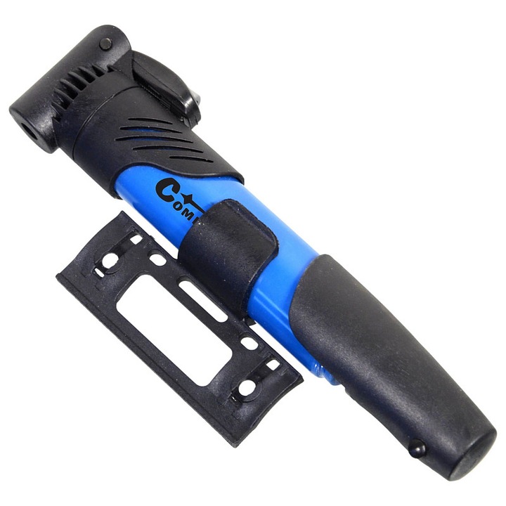 Compass Bike kerékpárpumpa, teleszkópos, 3 fokozatú, szelepadapterrel és rögzítő konzollal, fekete/kék, 19 cm (40 cm kihúzva)